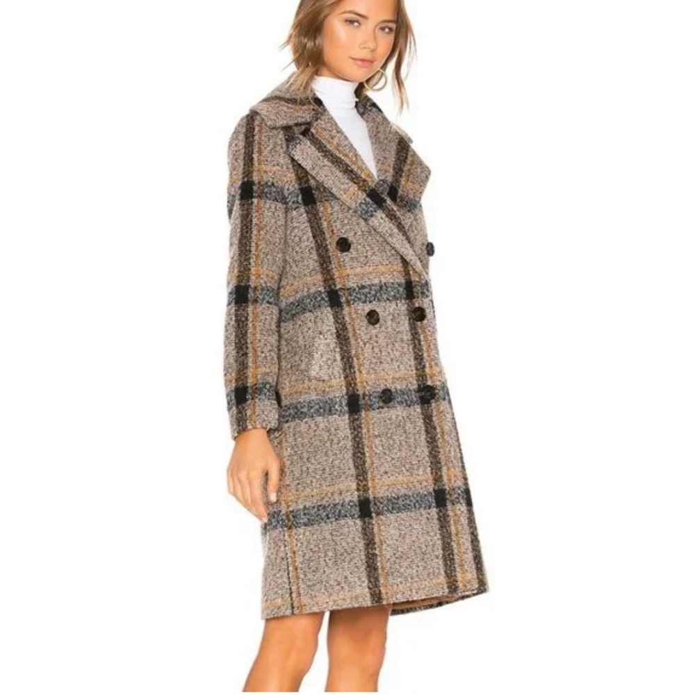 KENDALL + KYLIE Double Breasted Long Coat in Brown Plaid